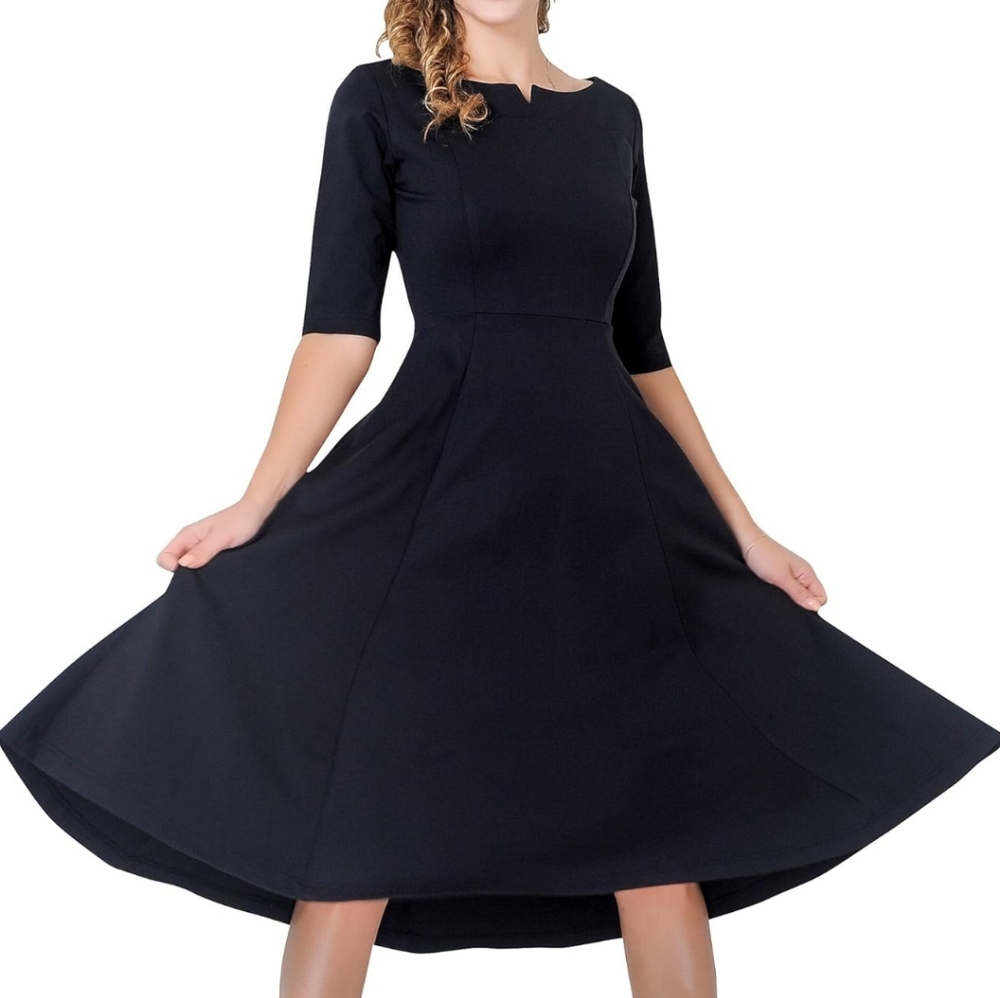 MARY CRAFTS Black Modest Fit & Flare Tea Office Short Sleeve Midi Dress